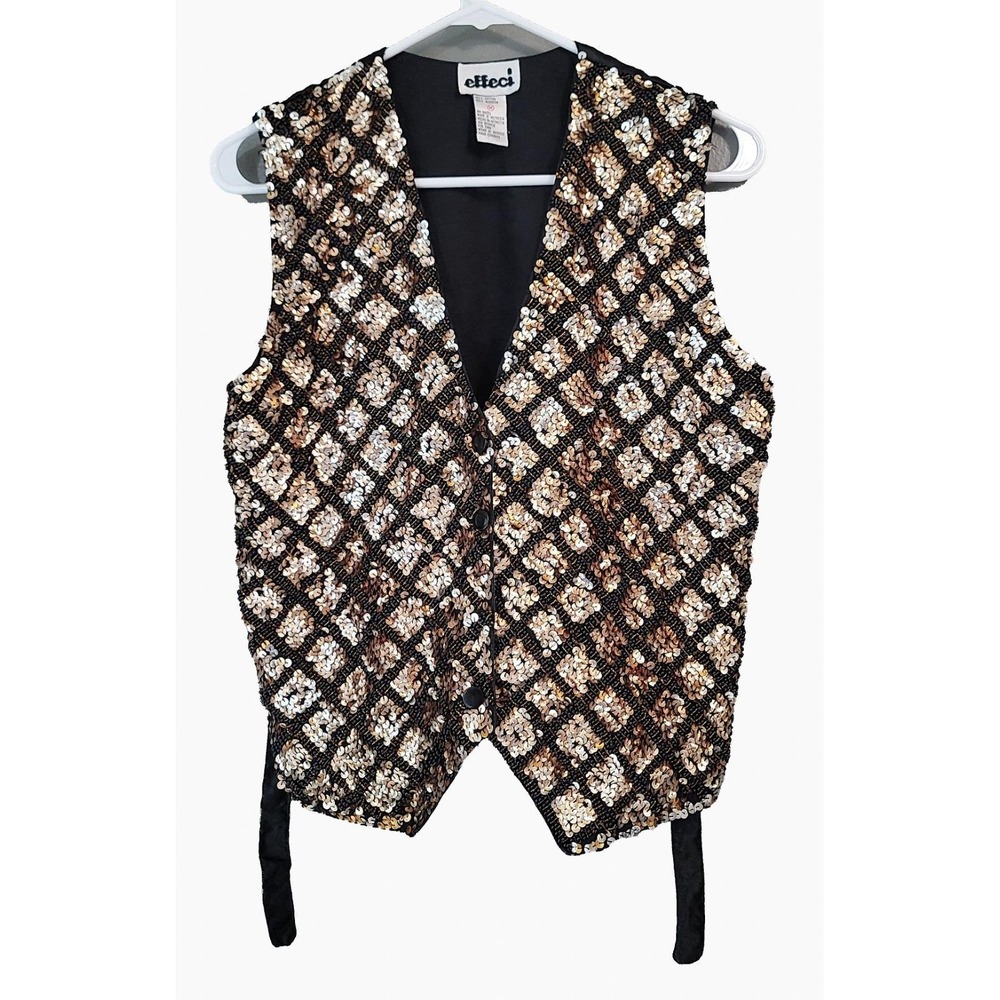 CREAZIONI EFFECI Vintage Gold/Black Sequin & Bead Button Close Vest Sz M